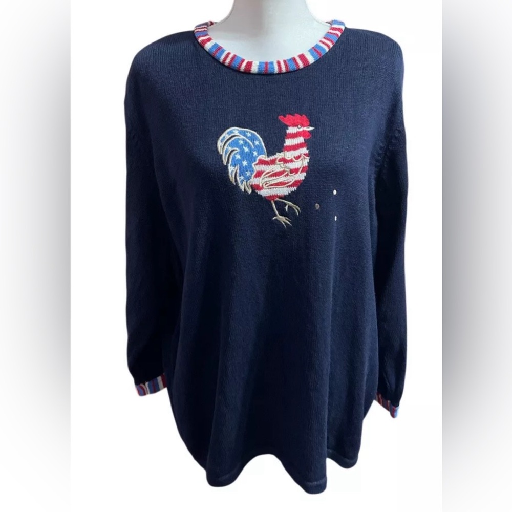 Vintage Womens Embroidered Patriotic Rooster Sweater Red White Blue 3X Farm Y2K